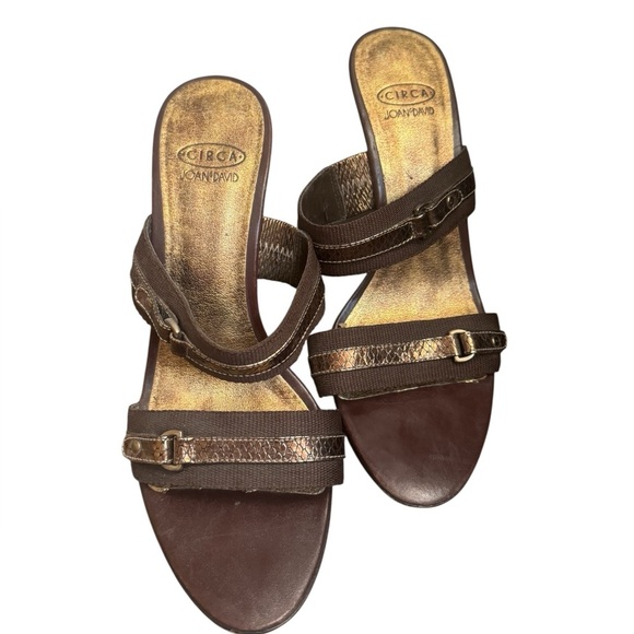 CIRCA JOAN & DAVID Leather And Canvas SZ 8 Open Toe Heel 2 Strap Y2K Bronze EUC - Picture 9 of 17